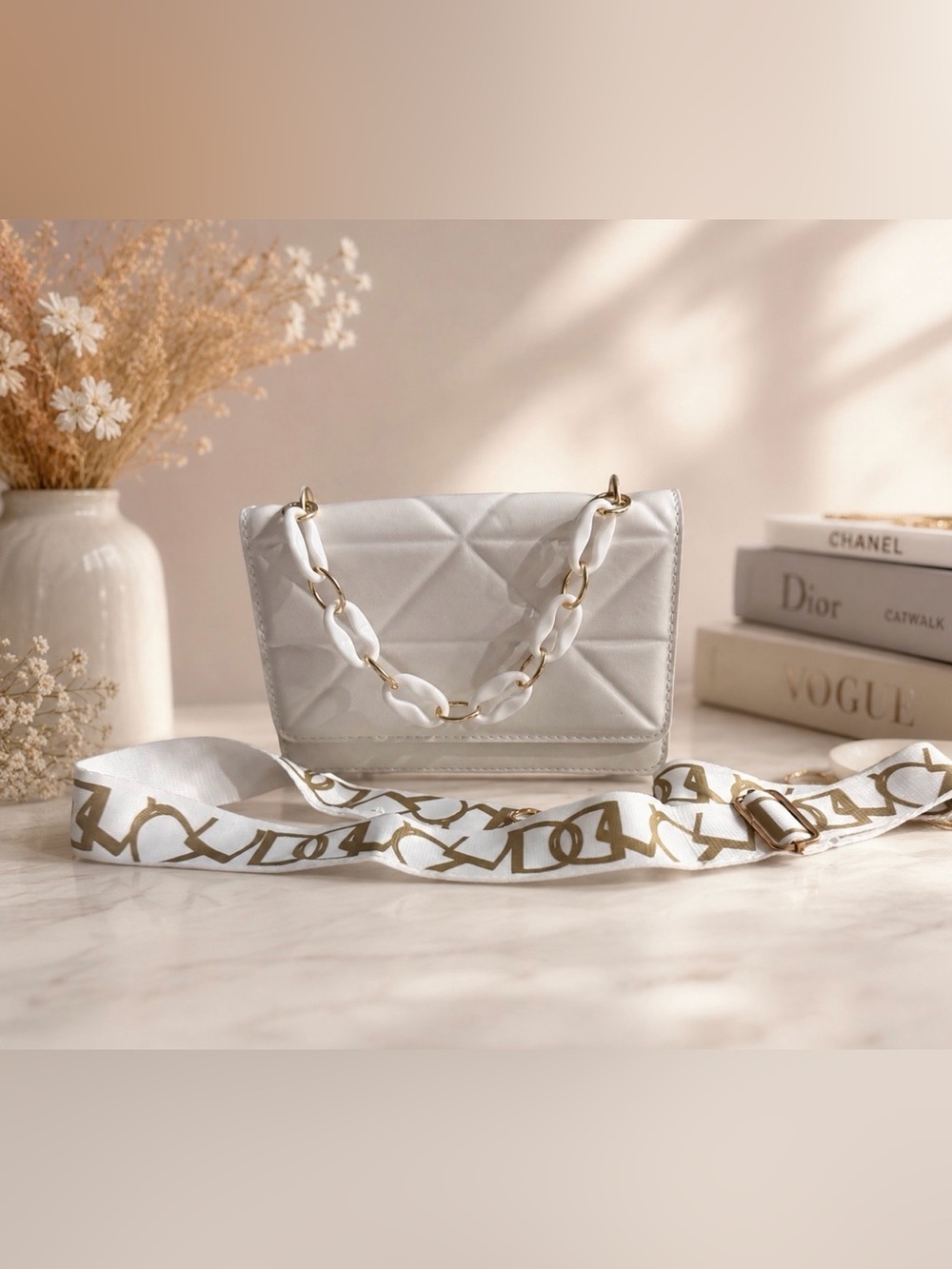 Elegant White Quilted Crossbody Bag with Gold Chain Detail